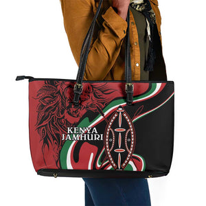 Happy Jamhuri Day Kenya Leather Tote Bag Kenyan Lion and Maasai Shield