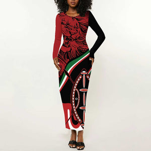 Happy Jamhuri Day Kenya Long Sleeve Bodycon Dress Kenyan Lion and Maasai Shield