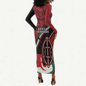 Happy Jamhuri Day Kenya Long Sleeve Bodycon Dress Kenyan Lion and Maasai Shield