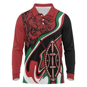 Happy Jamhuri Day Kenya Long Sleeve Polo Shirt Kenyan Lion and Maasai Shield