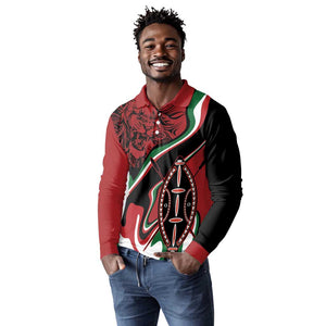 Happy Jamhuri Day Kenya Long Sleeve Polo Shirt Kenyan Lion and Maasai Shield