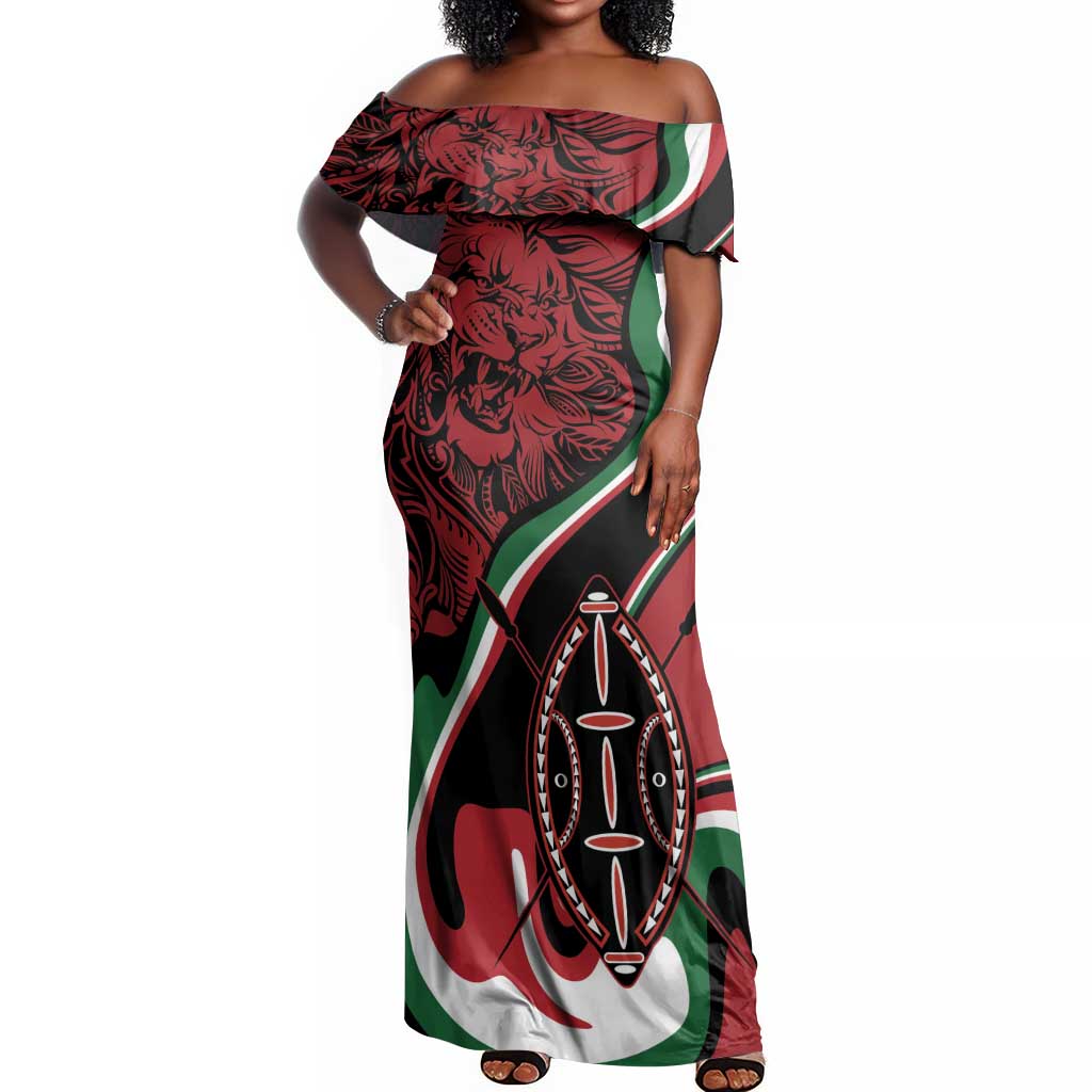 Happy Jamhuri Day Kenya Off Shoulder Maxi Dress Kenyan Lion and Maasai Shield