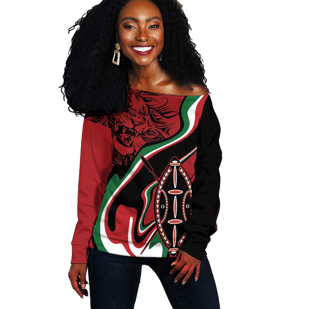 Happy Jamhuri Day Kenya Off Shoulder Sweater Kenyan Lion and Maasai Shield