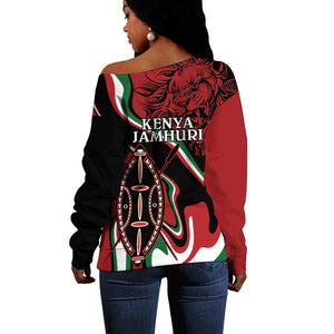 Happy Jamhuri Day Kenya Off Shoulder Sweater Kenyan Lion and Maasai Shield