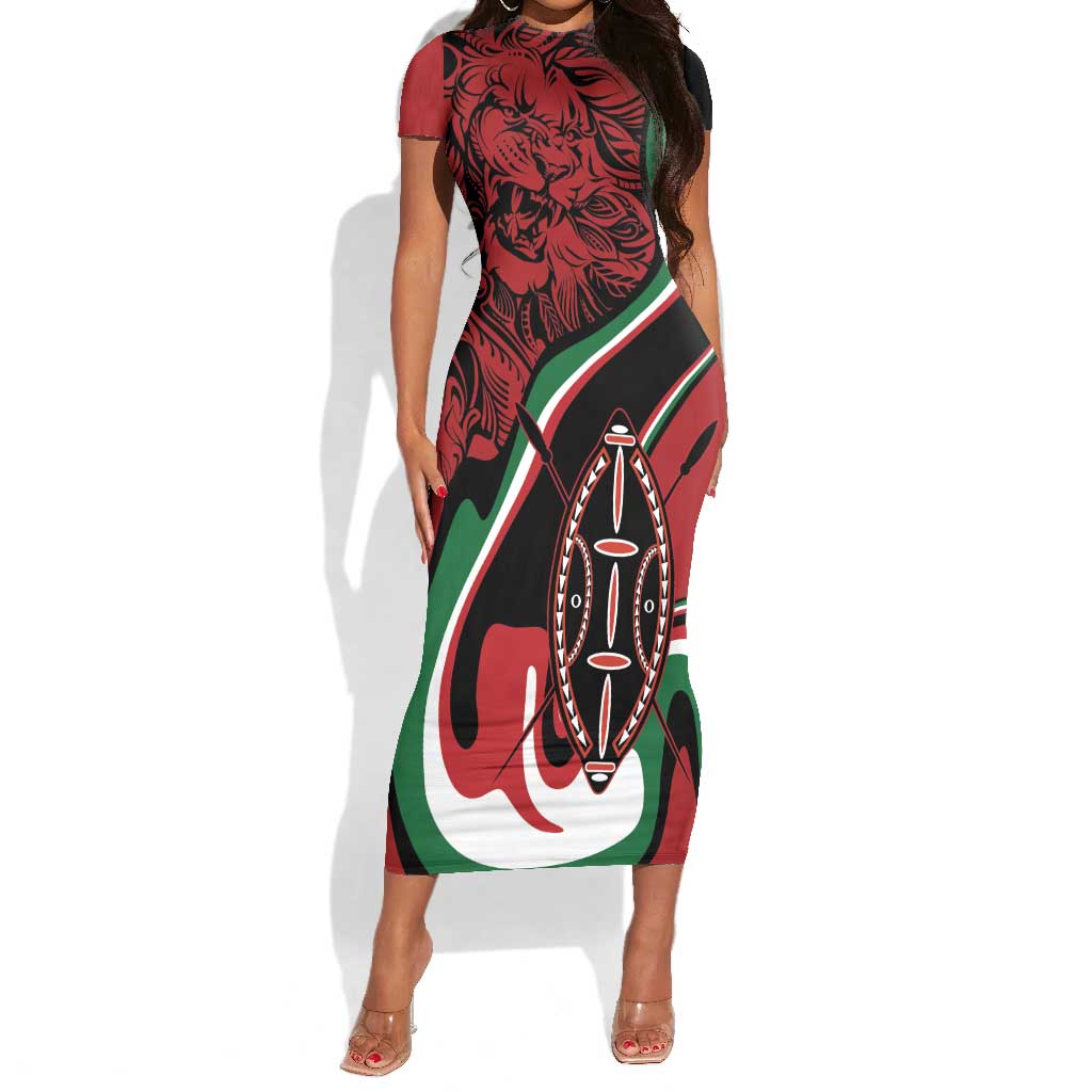 Happy Jamhuri Day Kenya Short Sleeve Bodycon Dress Kenyan Lion and Maasai Shield