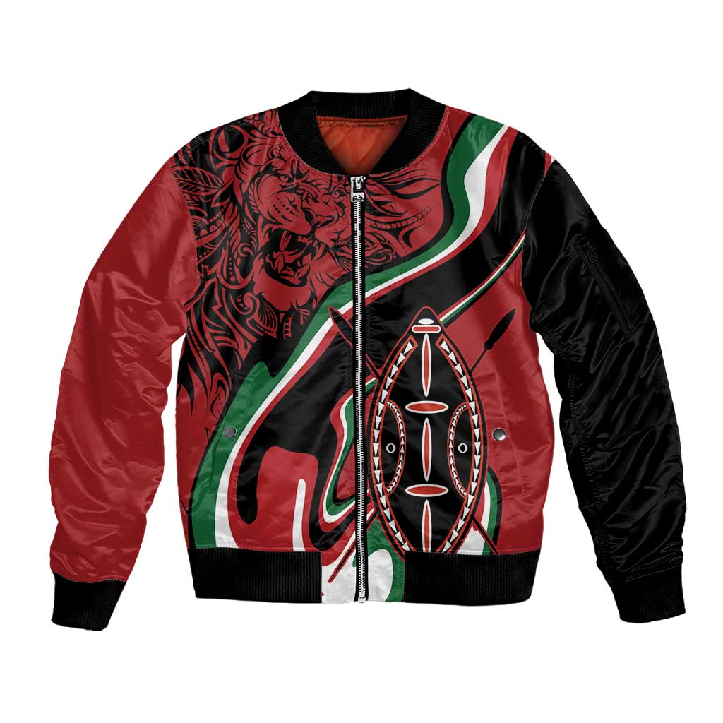 Happy Jamhuri Day Kenya Sleeve Zip Bomber Jacket Kenyan Lion and Maasai Shield