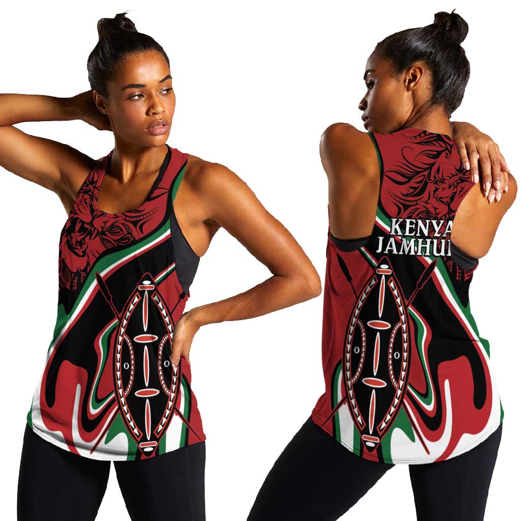 Happy Jamhuri Day Kenya Women Racerback Tank Kenyan Lion and Maasai Shield