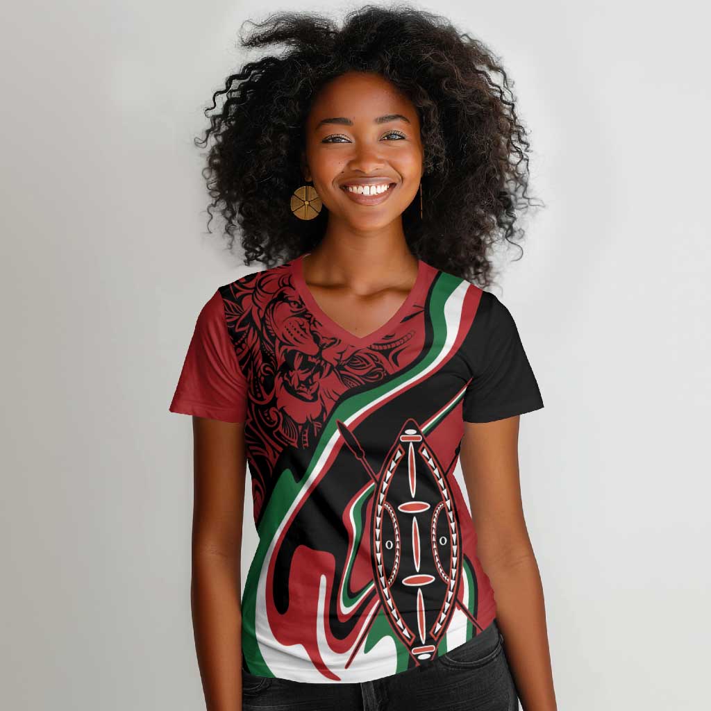 Happy Jamhuri Day Kenya Women V-Neck T-Shirt Kenyan Lion and Maasai Shield