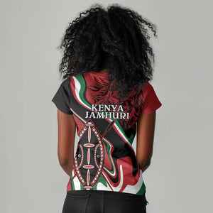 Happy Jamhuri Day Kenya Women V-Neck T-Shirt Kenyan Lion and Maasai Shield