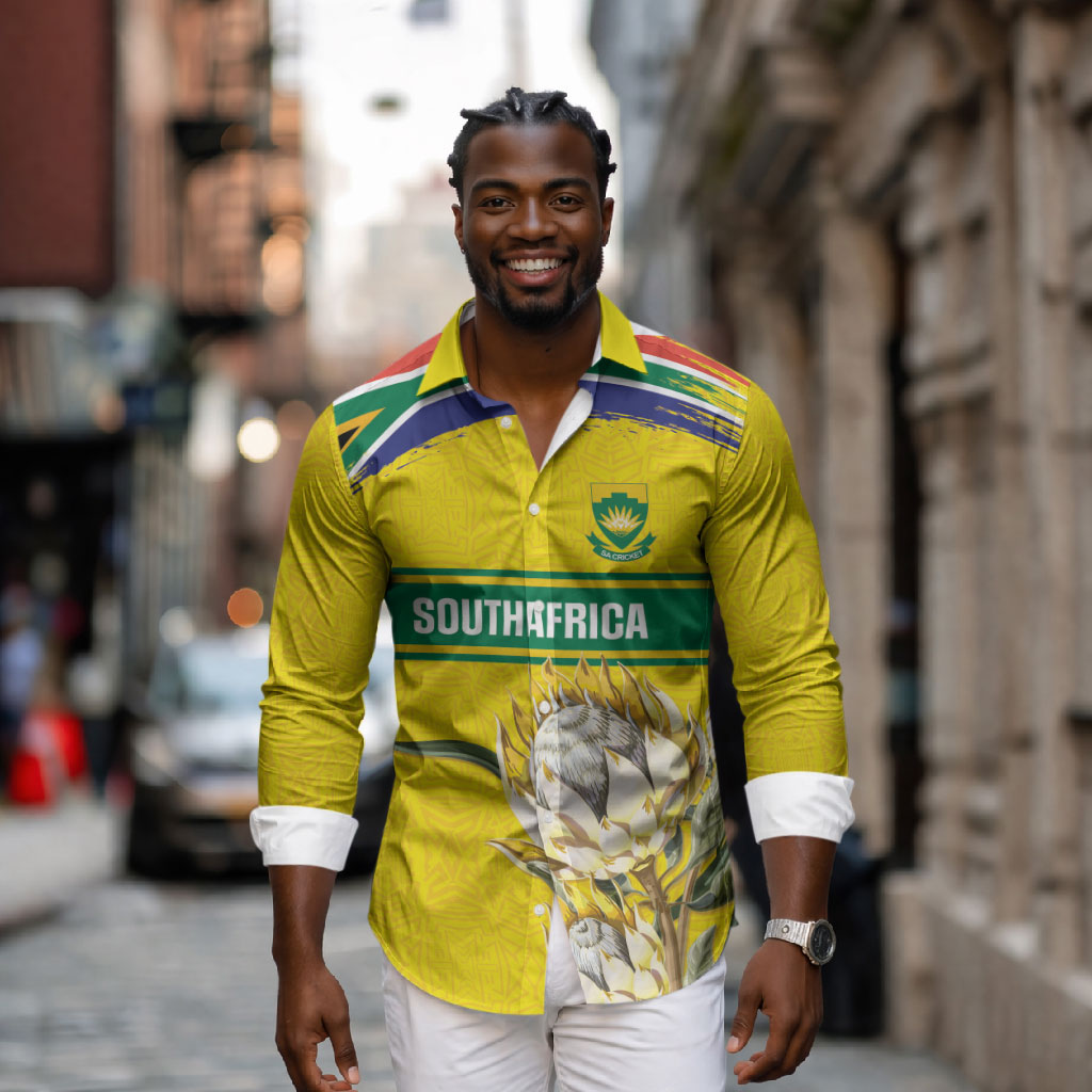 World Cricket Custom South Africa Long Sleeve Button Shirt Protea Flower Come On Proteas!