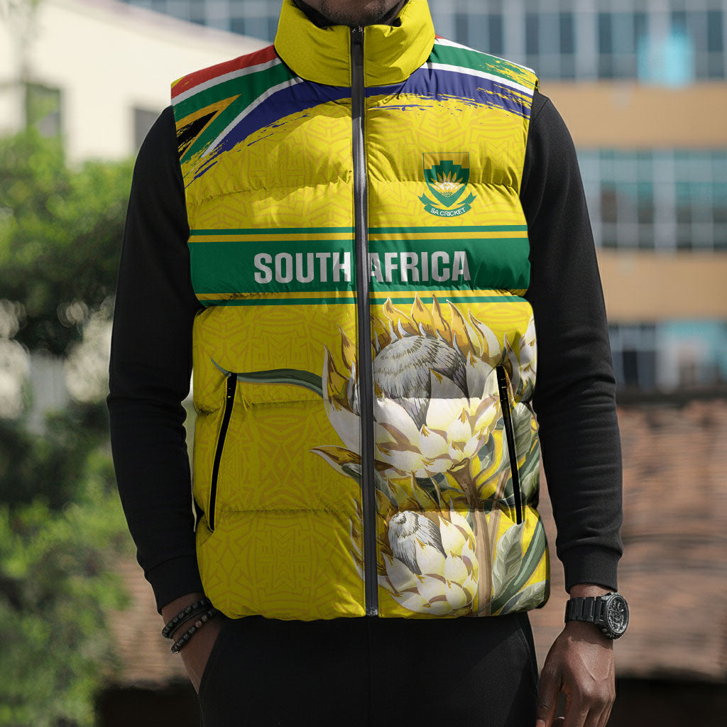 World Cricket Custom South Africa Sleeveless Puffer Jacket Protea Flower Come On Proteas!