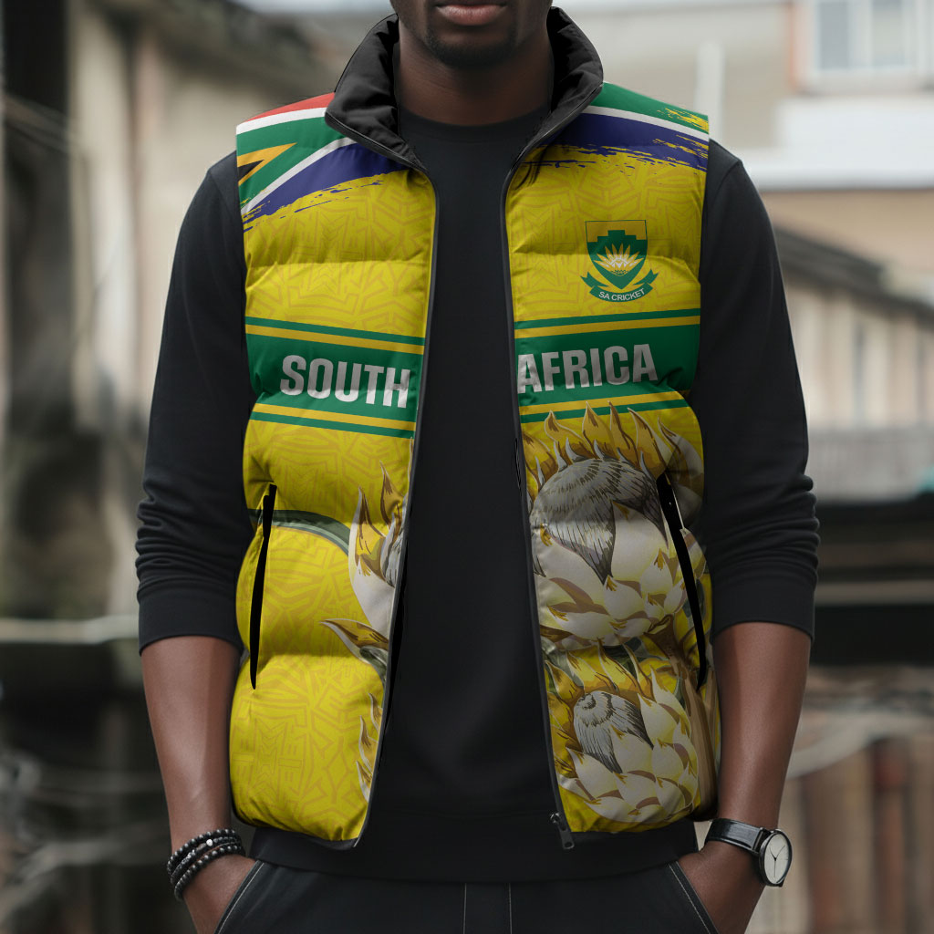 World Cricket Custom South Africa Sleeveless Puffer Jacket Protea Flower Come On Proteas!