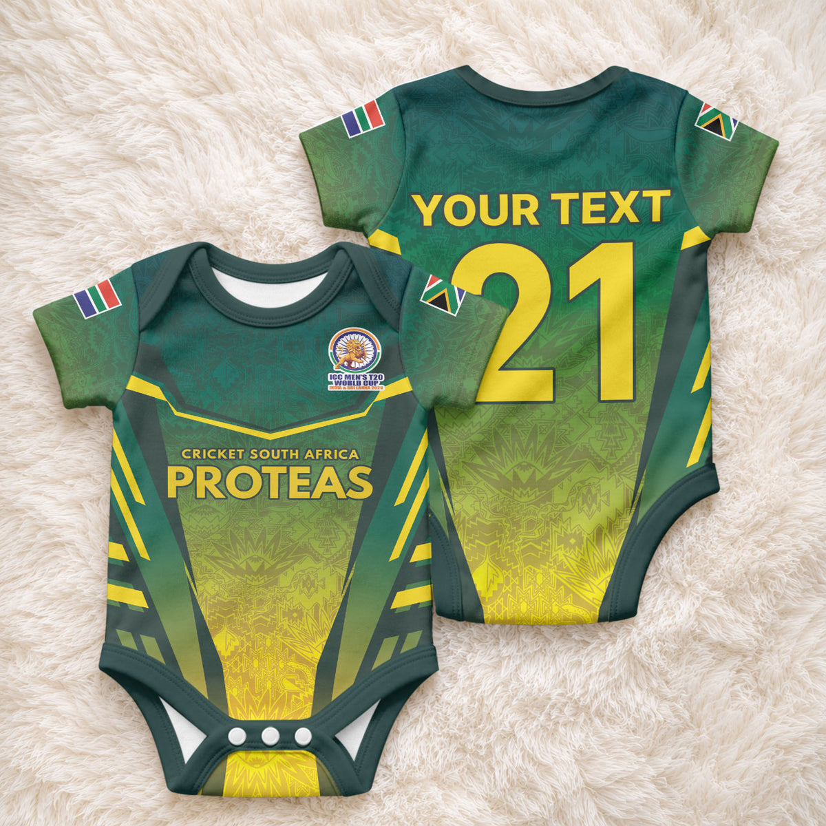 Custom South Africa Cricket Spirit 2026 Baby Onesie World T20 Edition