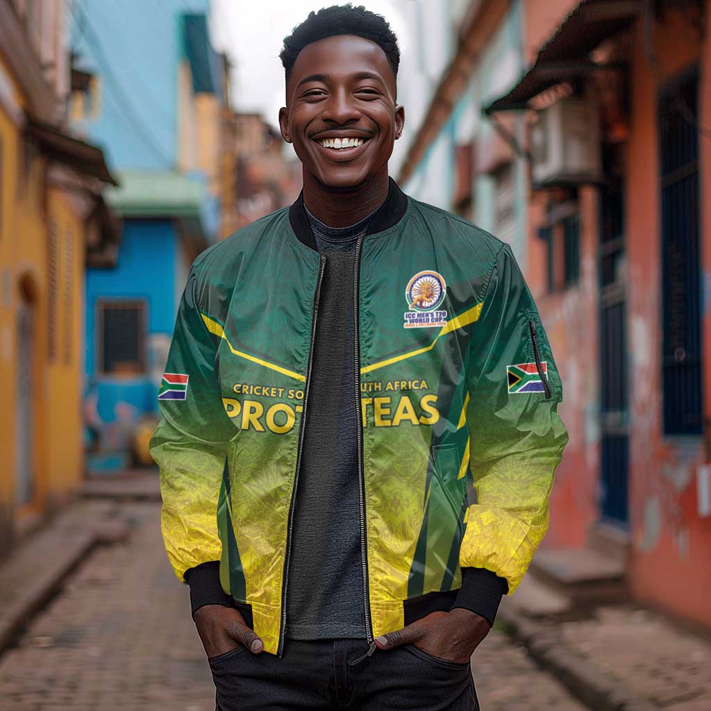 Custom South Africa Cricket Spirit 2026 Sleeve Zip Bomber Jacket World T20 Edition - African Pride