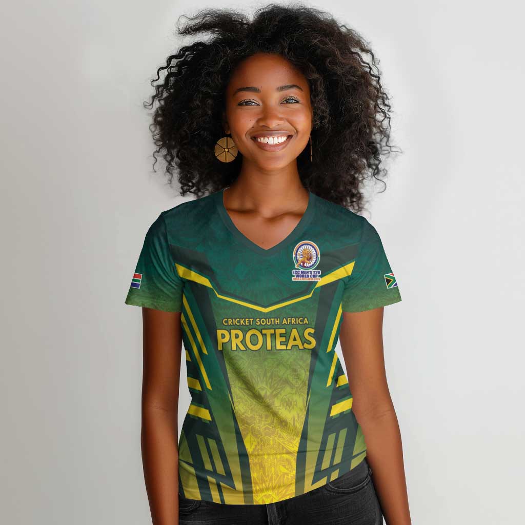 Custom South Africa Cricket Spirit 2026 Women V-Neck T-Shirt World T20 Edition - African Pride