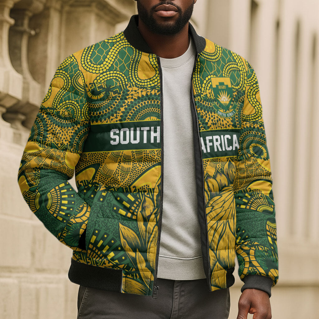 2026 Autumn Rugby Nations South Africa Custom Bomber Puffer Jacket Indigenous Tribal Patchwork Motif