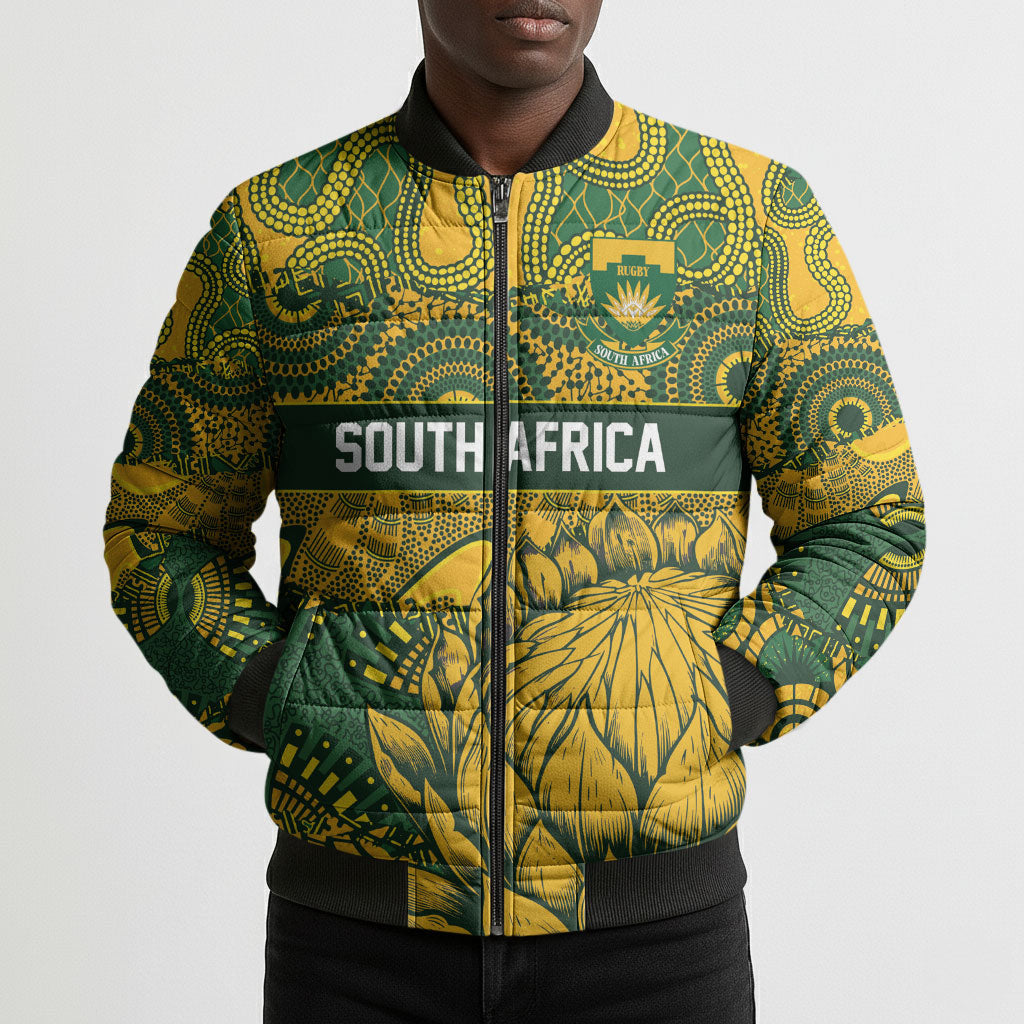 2026 Autumn Rugby Nations South Africa Custom Bomber Puffer Jacket Indigenous Tribal Patchwork Motif