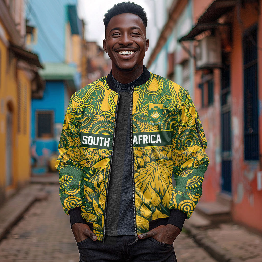 2026 Autumn Rugby Nations South Africa Custom Sleeve Zip Bomber Jacket Indigenous Tribal Patchwork Motif