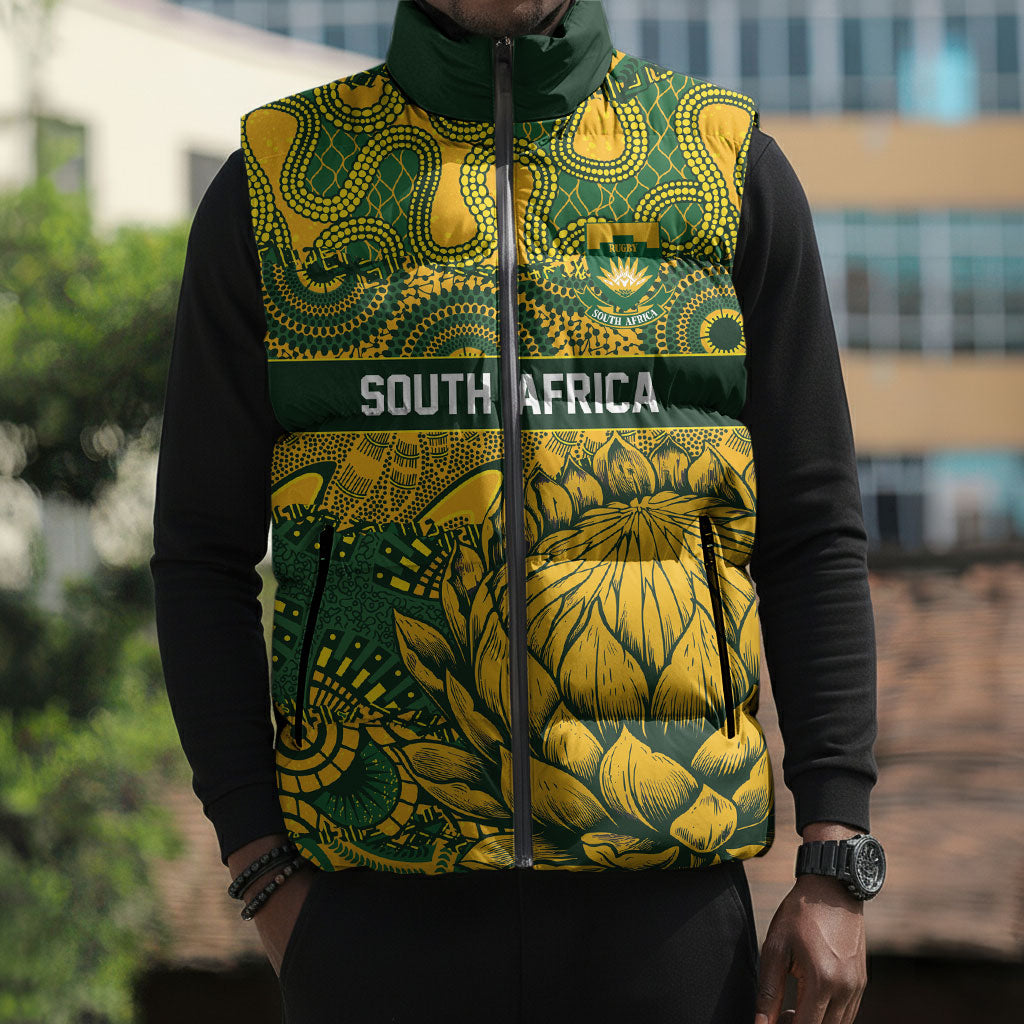 2026 Autumn Rugby Nations South Africa Custom Sleeveless Puffer Jacket Indigenous Tribal Patchwork Motif