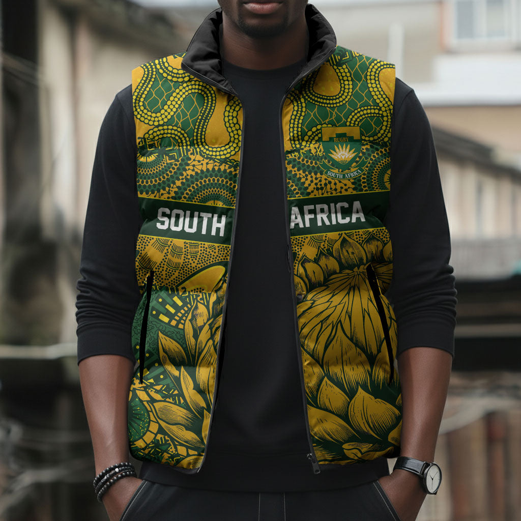 2026 Autumn Rugby Nations South Africa Custom Sleeveless Puffer Jacket Indigenous Tribal Patchwork Motif
