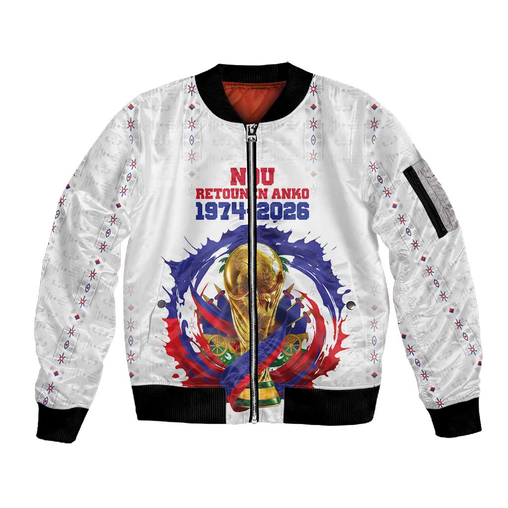 Custom Haiti Grenadye Alaso Sleeve Zip Bomber Jacket White Nou Retounen Anko 1974-2026 - African Pride