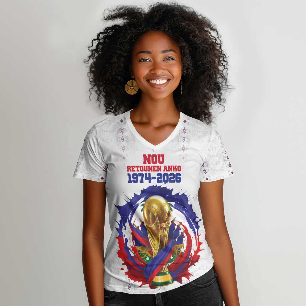 Custom Haiti Grenadye Alaso Women V-Neck T-Shirt White Nou Retounen Anko 1974-2026 - African Pride