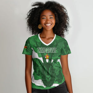 Custom Zimbabwe Rugby 2026 Women V-Neck T-Shirt Go Sables Sporty Grunge Style