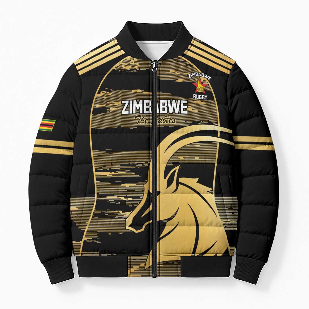 Zimbabwe Rugby Custom Bomber Puffer Jacket Come On Sables Gold Black Version