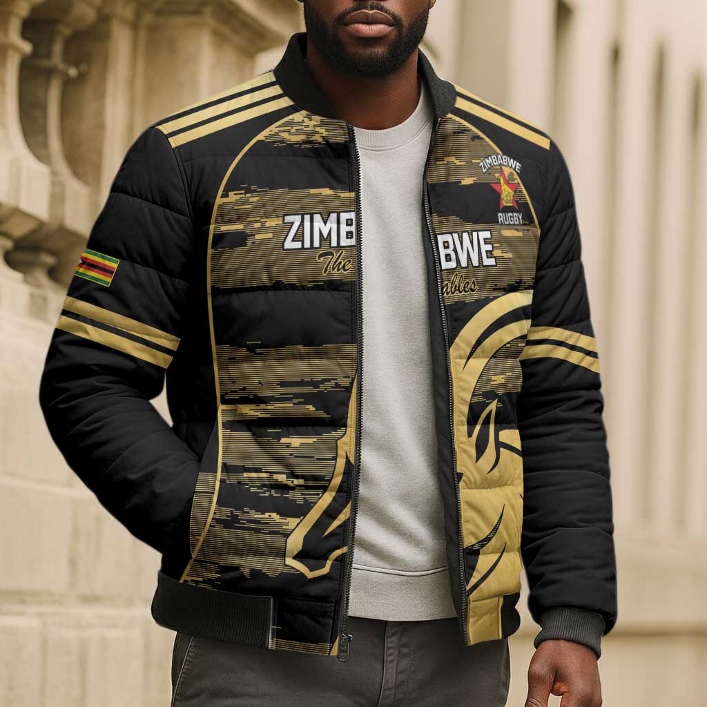 Zimbabwe Rugby Custom Bomber Puffer Jacket Come On Sables Gold Black Version