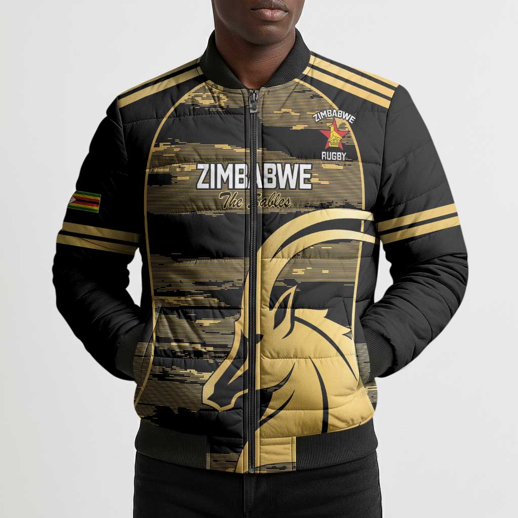 Zimbabwe Rugby Custom Bomber Puffer Jacket Come On Sables Gold Black Version