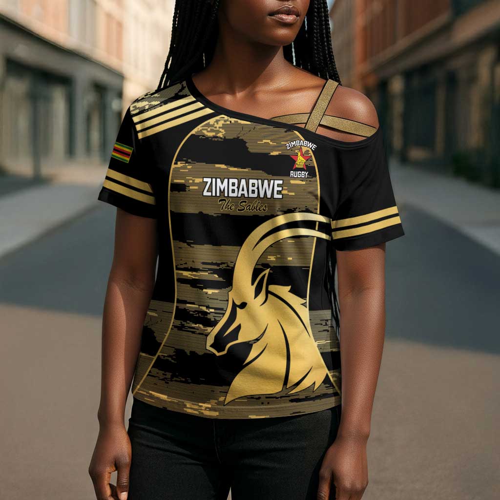 Zimbabwe Rugby Custom Cross Shoulder Shirt Come On Sables Gold Black Version