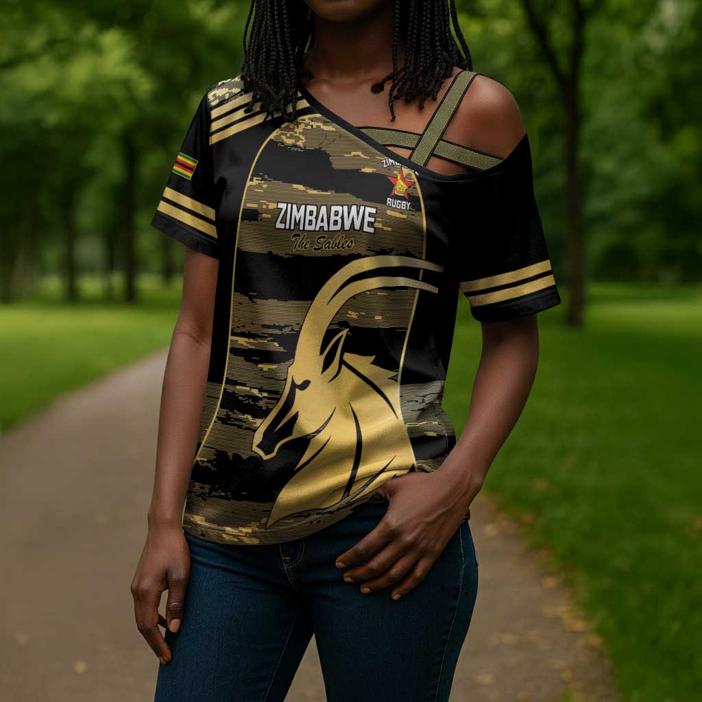 Zimbabwe Rugby Custom Cross Shoulder Shirt Come On Sables Gold Black Version