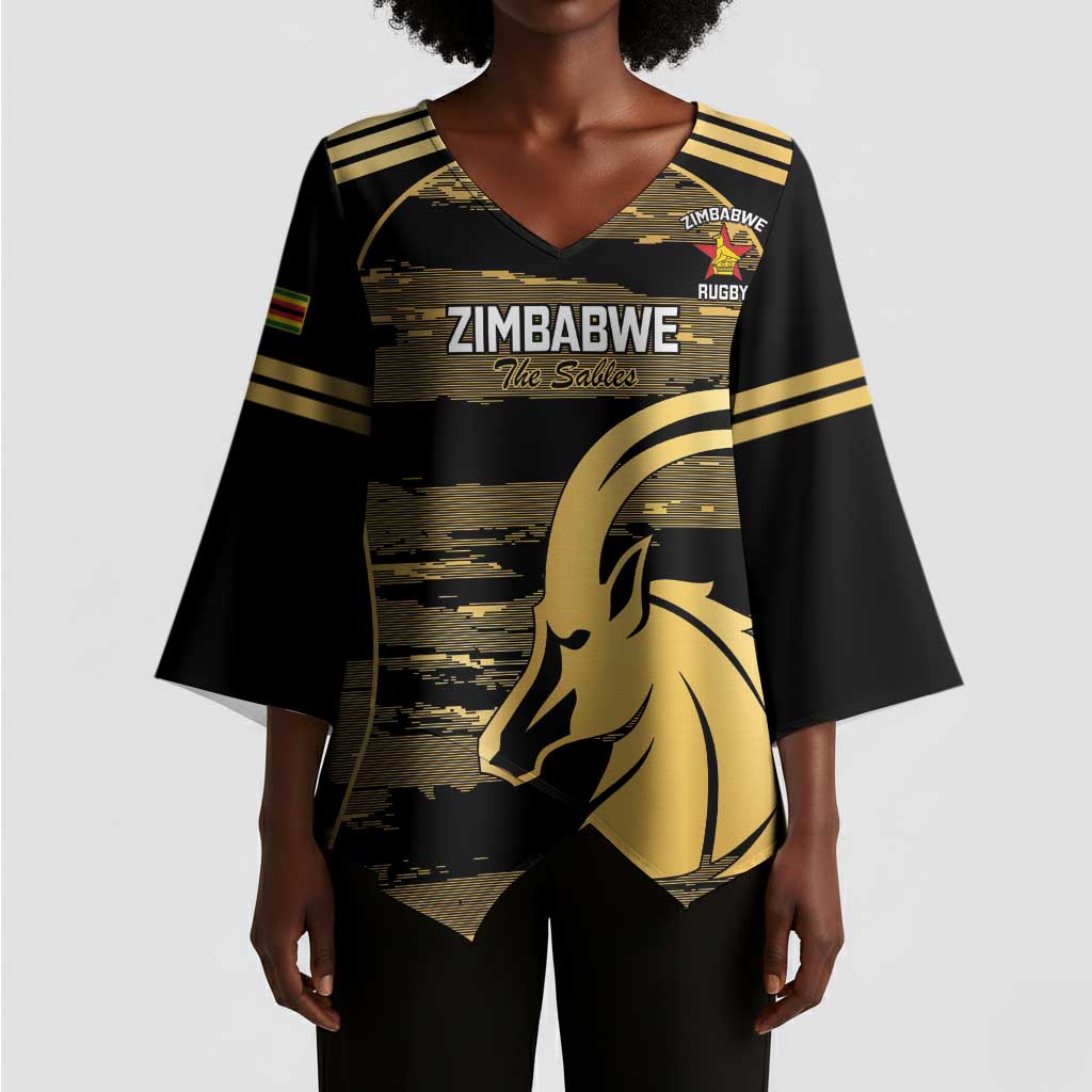 Zimbabwe Rugby Custom Kimono Sleeve Blouse Come On Sables Gold Black Version
