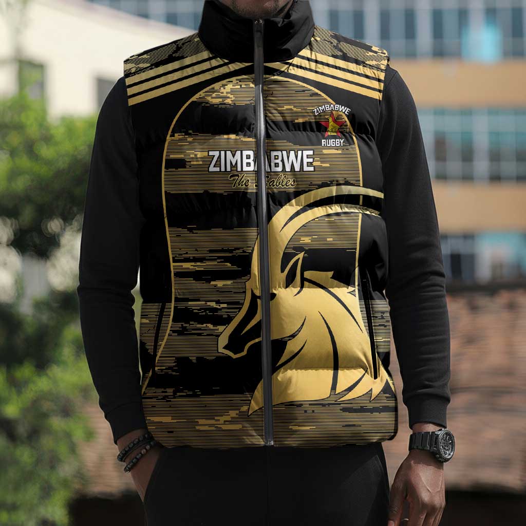Zimbabwe Rugby Custom Sleeveless Puffer Jacket Come On Sables Gold Black Version
