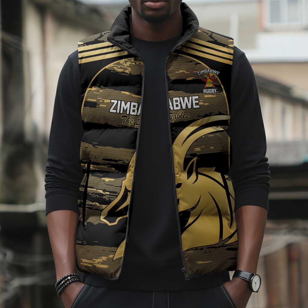Zimbabwe Rugby Custom Sleeveless Puffer Jacket Come On Sables Gold Black Version
