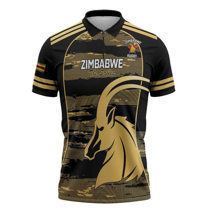 Zimbabwe Rugby Custom Zipper Polo Shirt Come On Sables Gold Black Version