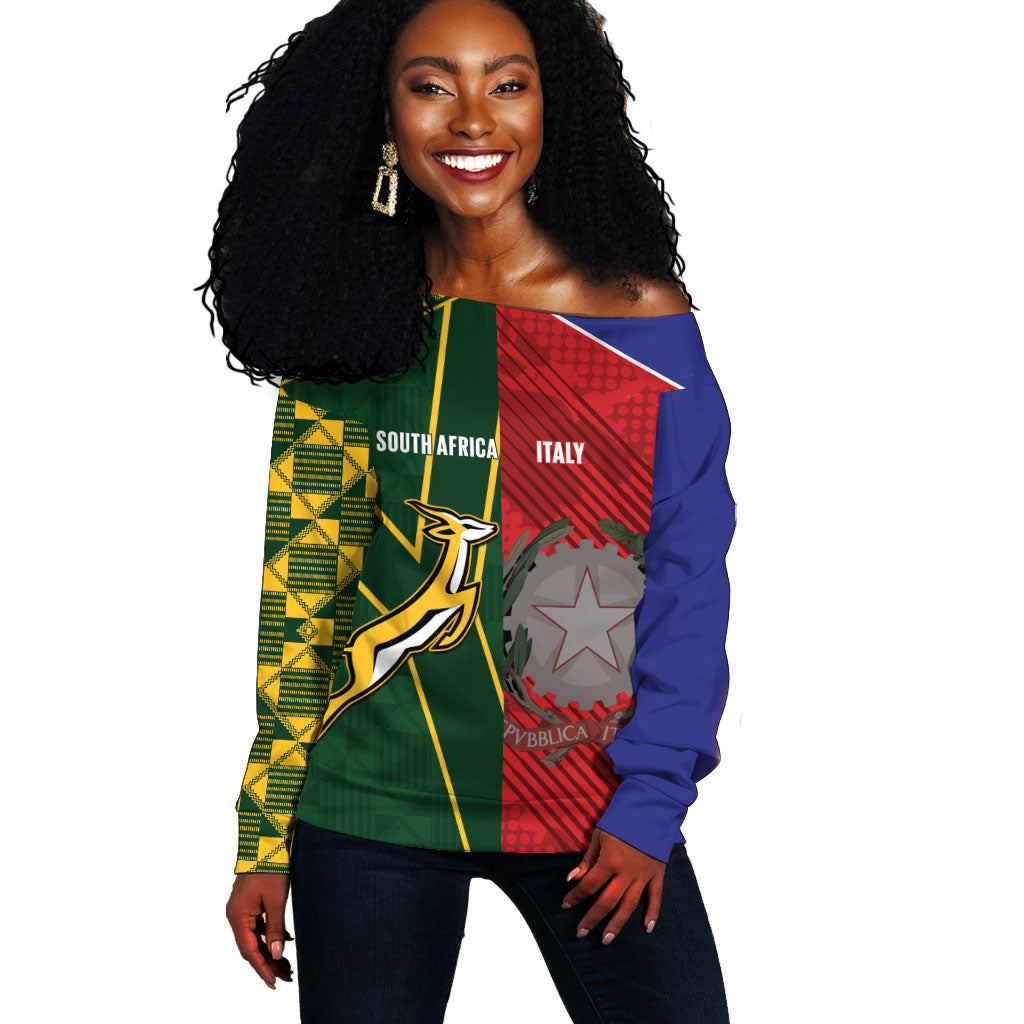 South Africa and Italy Rugby Custom Off Shoulder Sweater Springboks Gli Azzurri Together