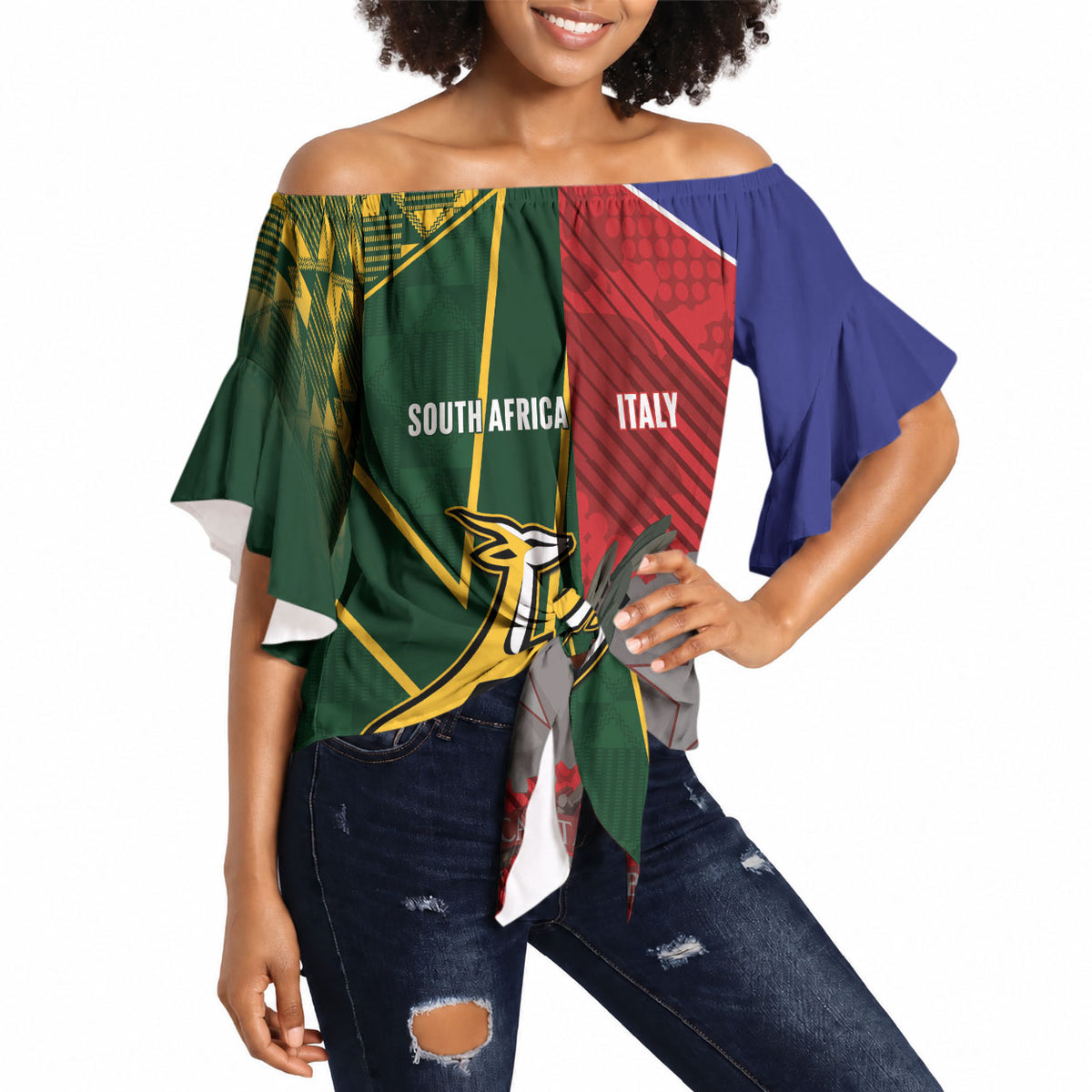 South Africa and Italy Rugby Custom Off Shoulder Wrap Waist Top Springboks Gli Azzurri Together
