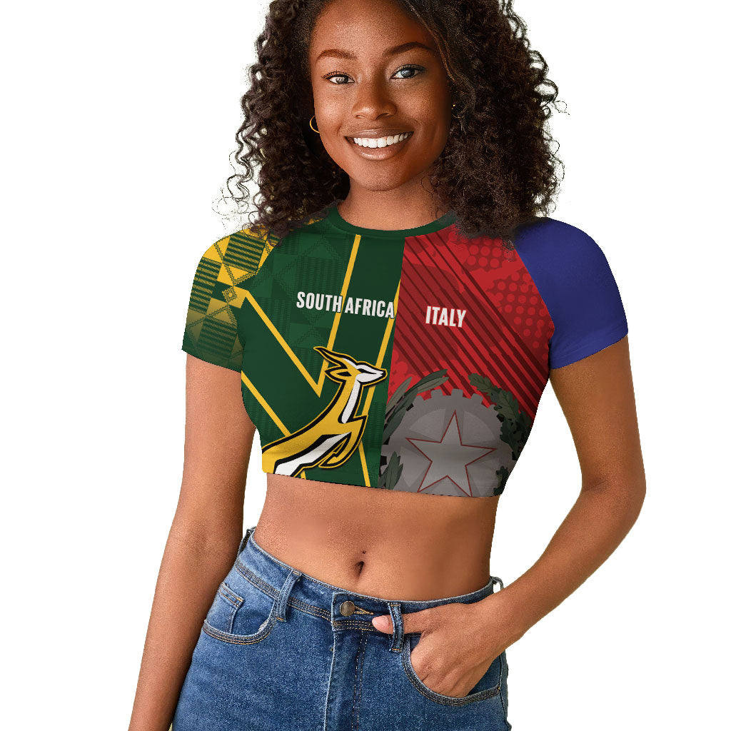 South Africa and Italy Rugby Custom Raglan Cropped T shirt Springboks Gli Azzurri Together
