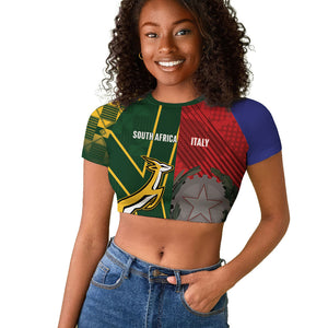 South Africa and Italy Rugby Custom Raglan Cropped T shirt Springboks Gli Azzurri Together