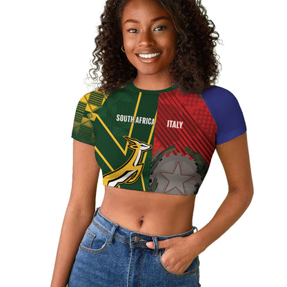 South Africa and Italy Rugby Custom Raglan Cropped T shirt Springboks Gli Azzurri Together