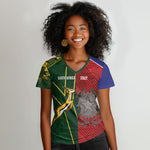 South Africa and Italy Rugby Custom Women V-Neck T-Shirt Springboks Gli Azzurri Together
