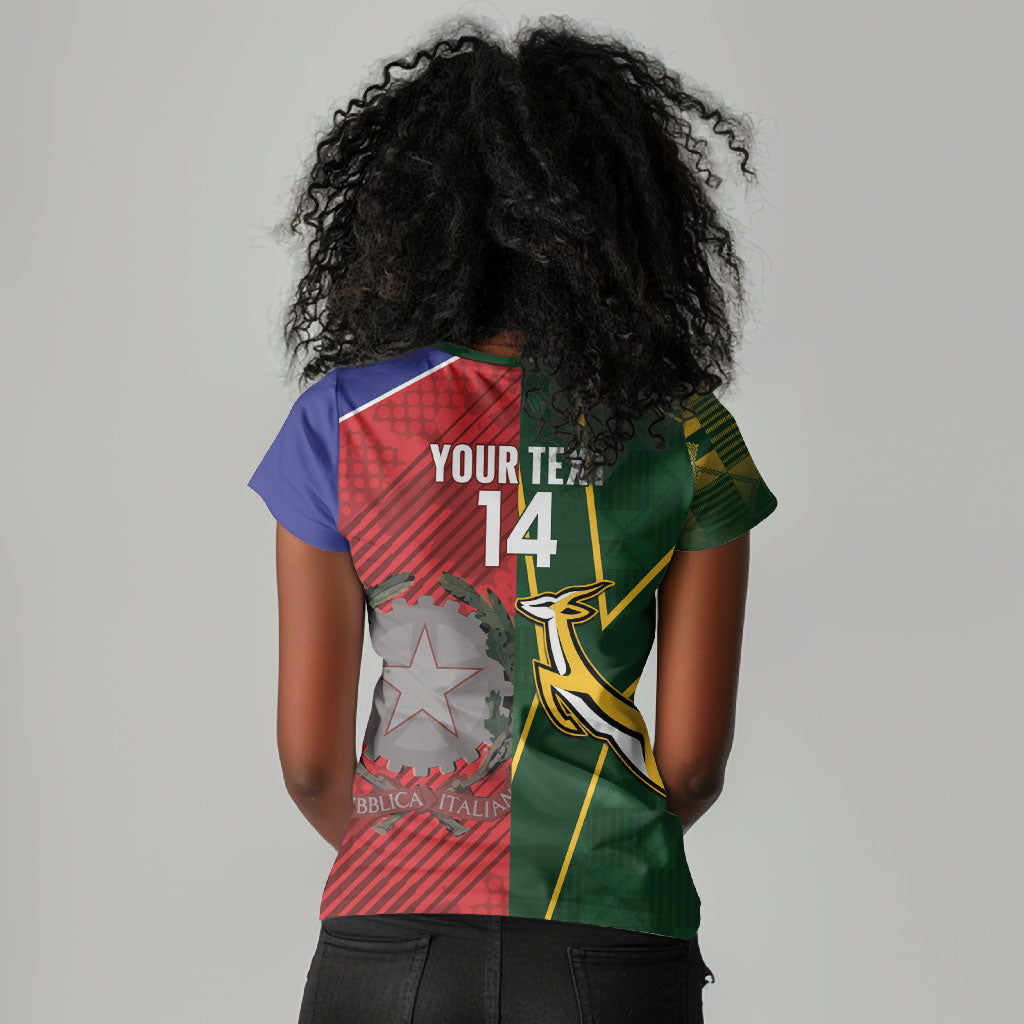 South Africa and Italy Rugby Custom Women V-Neck T-Shirt Springboks Gli Azzurri Together
