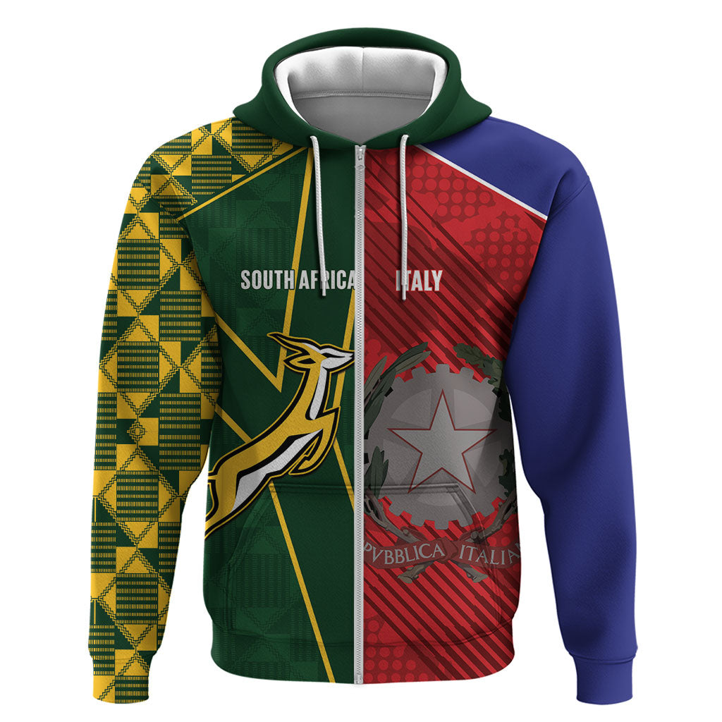 South Africa and Italy Rugby Custom Zip Hoodie Springboks Gli Azzurri Together