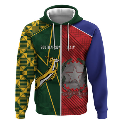 South Africa and Italy Rugby Custom Zip Hoodie Springboks Gli Azzurri Together