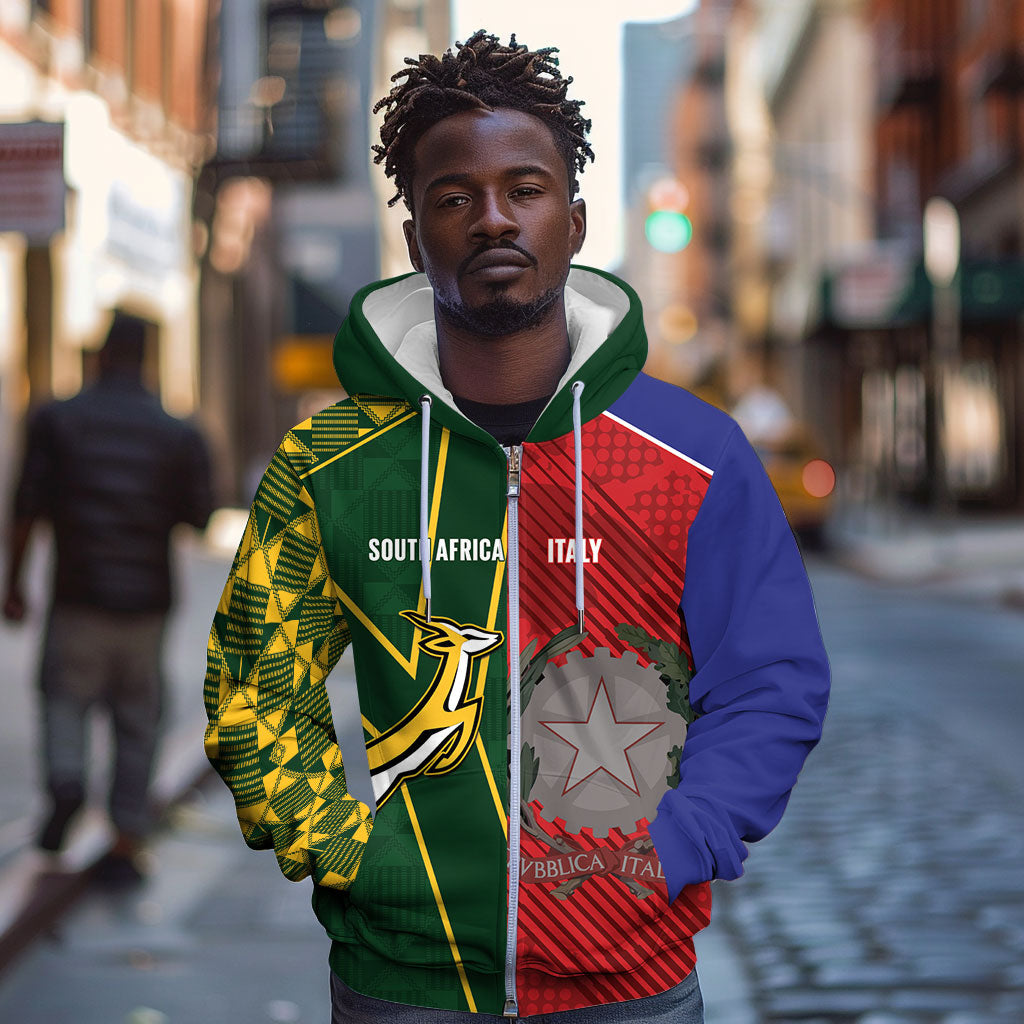 South Africa and Italy Rugby Custom Zip Hoodie Springboks Gli Azzurri Together
