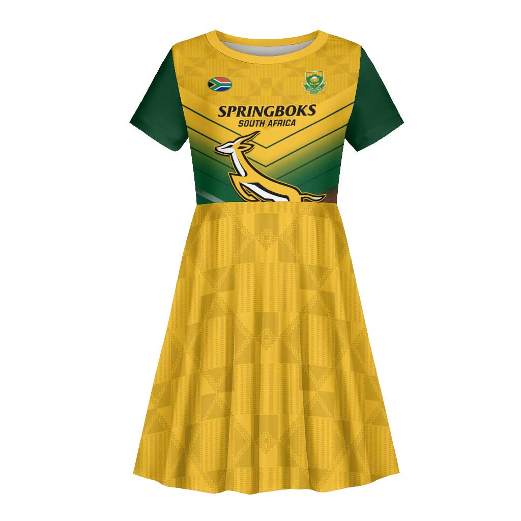 Custom South Africa Rugby Kid Short Sleeve Dress Springboks Go Champions African Pattern