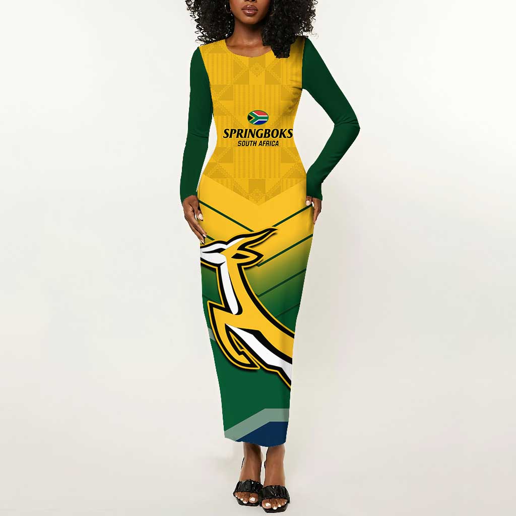 Custom South Africa Rugby Long Sleeve Bodycon Dress Springboks Go Champions African Pattern