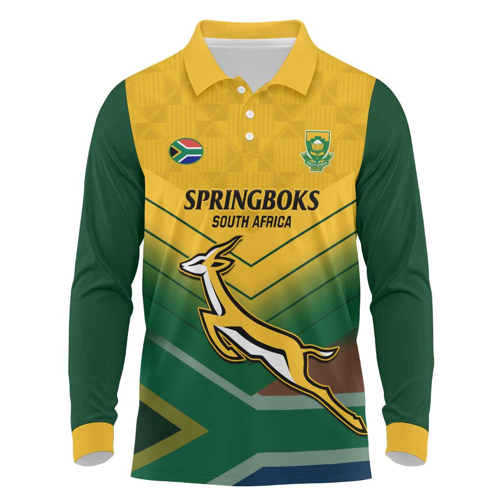 Custom South Africa Rugby Long Sleeve Polo Shirt Springboks Go Champions African Pattern