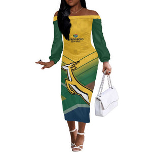 Custom South Africa Rugby Off The Shoulder Long Sleeve Dress Springboks Go Champions African Pattern